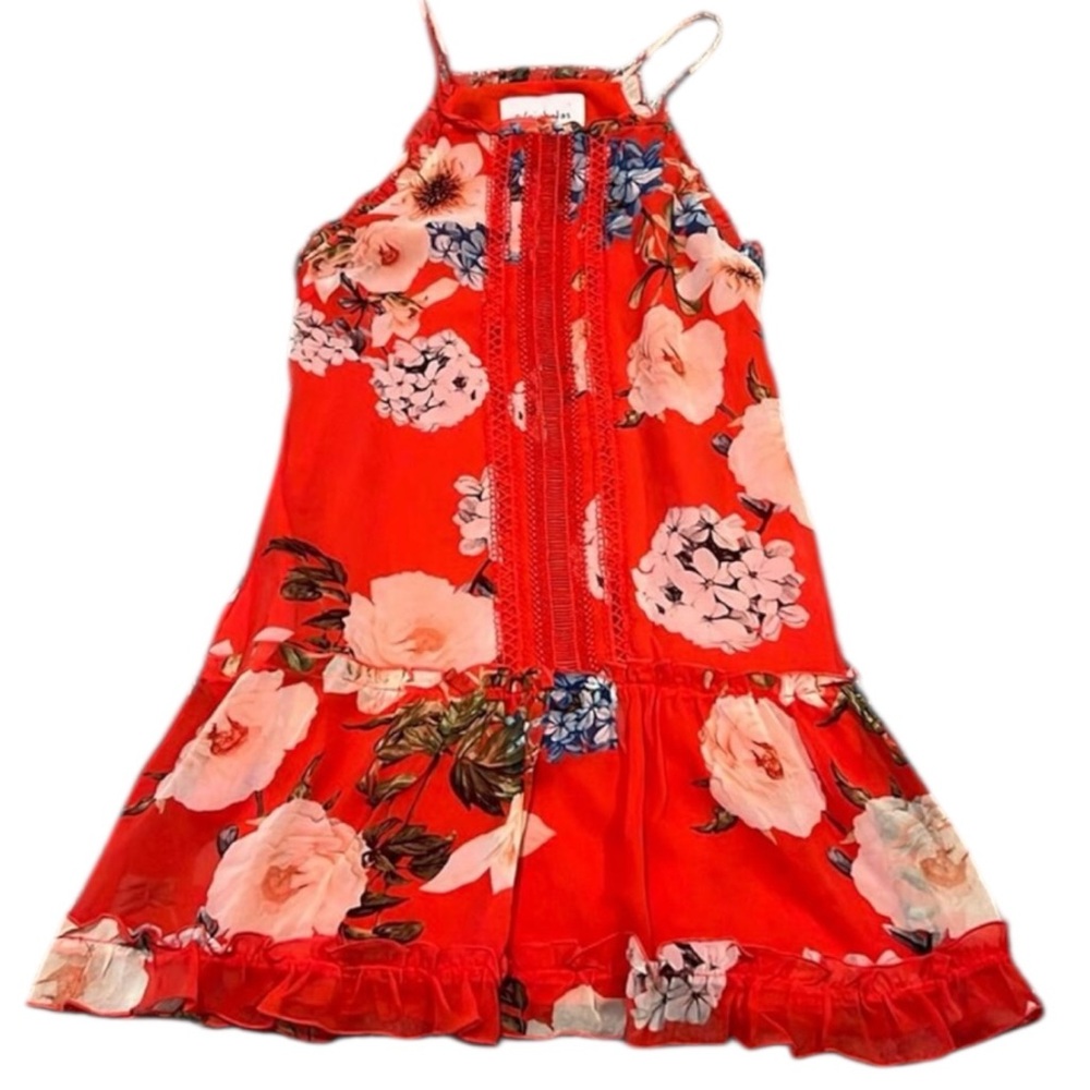 Nicholas X Revolve Red Floral‎ Silk Mini Dress Size 2 sleeveless ruffle lace